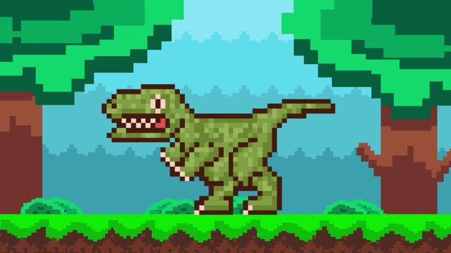 Pixel art style animation with a dinosaur moving in the jungle, art, vintage.