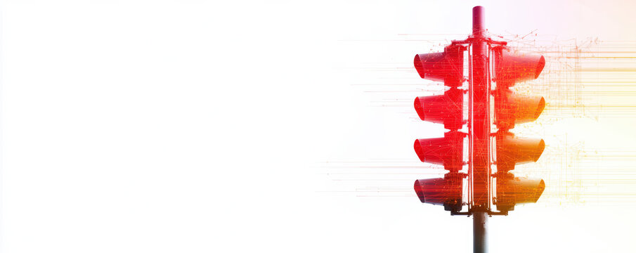 Red traffic light with a motion blur effect on a white background, symbolizing stop or caution.