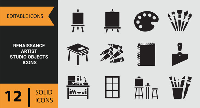Renaissance artist studio objects collection for classical art creation and workshop environment icons