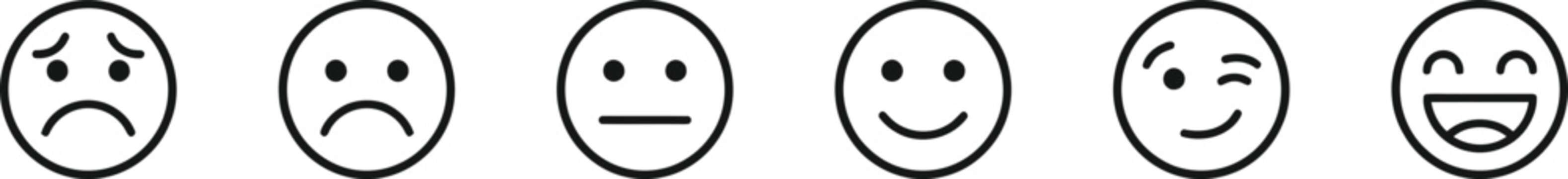 Six facial expression emoticons in simple black line art style from sad to happy for user feedback and emotional rating graphic UI design and customer satisfaction