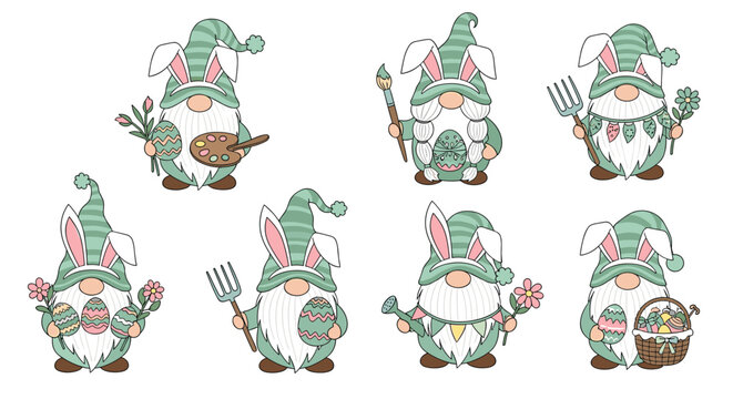 Set of charming Easter gnomes wearing bunny ears and holding eggs flowers gardening tools and baskets for the spring holiday.