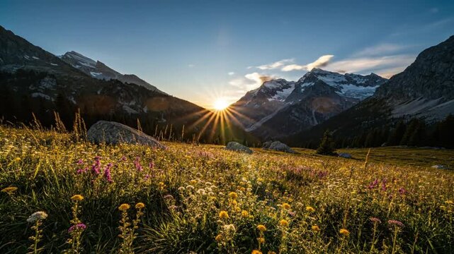 Breathtaking sunset illuminating the alpine meadow full of colorful wildflowers with mountain peaks in the background