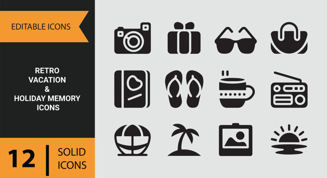 Retro vacation holiday memory collection for nostalgic travel moments and leisure experience icons