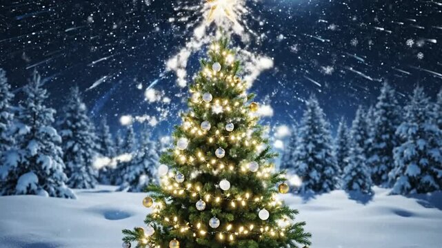 Magical transformation of a small pine tree into a festive Christmas tree in a snowy winter wonderland landscape under a starry night sky