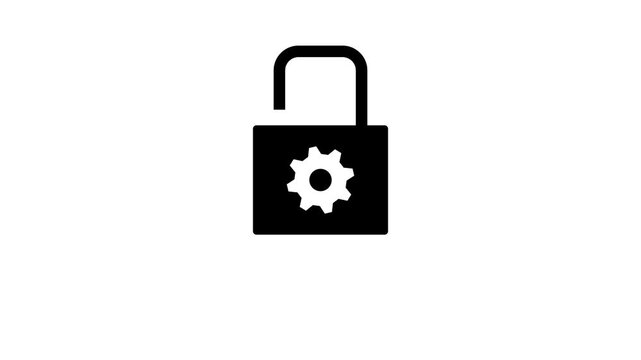 Cyber security configuration icon with open padlock and gear symbol on white background