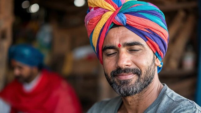 Man with colorful turban and beard smiles at the camera.