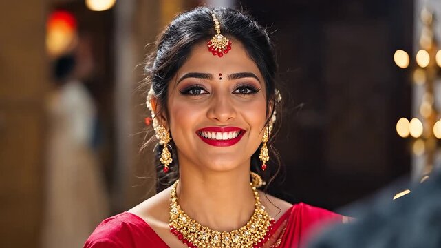 A bride smiles, adorned in traditional jewelry and a red outfit.