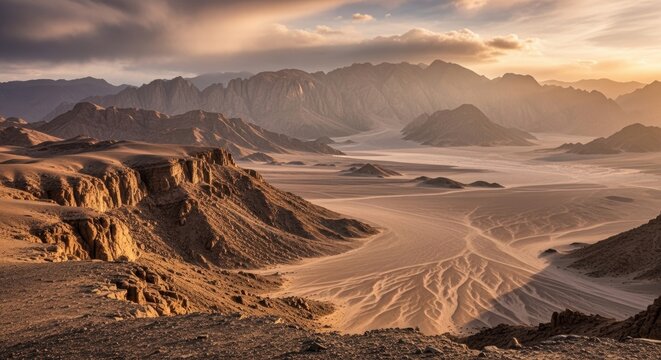 Dramatic landscape view of a vast desert canyon with steep cliff walls and rocky terrain under a golden sunset sky in a remote wilderness mountain area