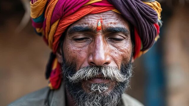 Elderly man with a colorful turban and weathered face, close-up portrait.