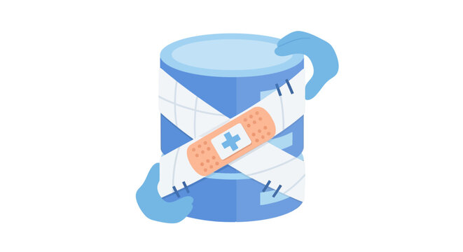 Database Repair and Data Recovery Concept Illustration with Bandaged Server Icon and Gloved Hands
