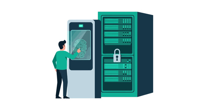Biometric Security and Data Protection Concept: Man Using Fingerprint Identification to Access Secure Server Rack
