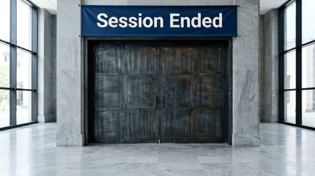 Dark institutional display reading session ended symbolizing legislative closure political deadlock and halted democratic processes
