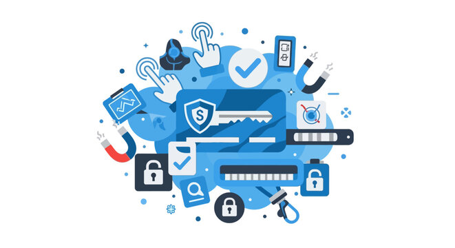 Modern Cyber Security and Digital Data Protection Flat Vector Illustration featuring Secure Payment, Privacy Encryption, and Online Safety Icons