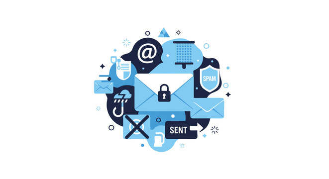 Email Security and Data Protection Vector Illustration with Icons for Cyber Safety, Spam Filtering, Phishing Protection, and Secure Digital Communication