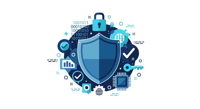 Cybersecurity and Digital Data Protection Concept Illustration with Shield, Padlock, and Binary Code on White Background