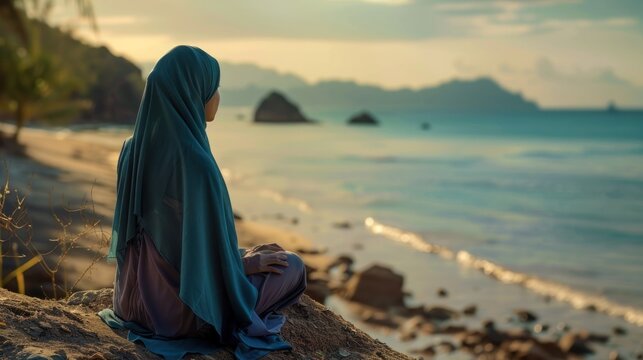 Woman in hijab meditating by the beach
