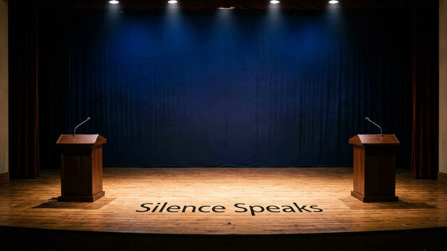 Two podiums beneath silence speaks message symbolizing political avoidance suppressed debate and communication through absence