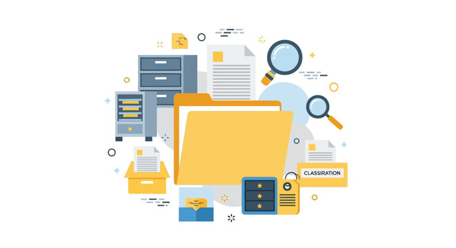 Document Management and File Organization Concept Illustration with Folders, Magnifying Glass, and Filing Cabinets for Data Classification and Archiving