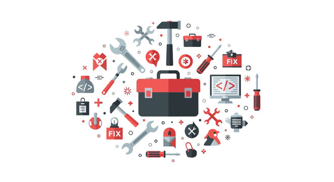 Digital Toolbox Illustration for Technical Support, Software Coding, and Web Development Services