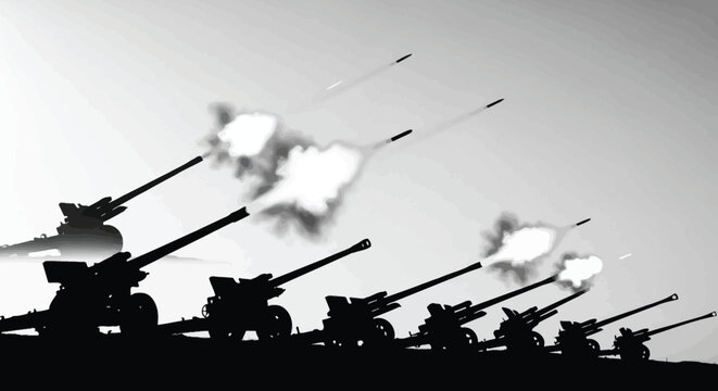 Silhouette of artillery cannons firing, smoke and projectiles against a gray sky