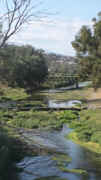 A old bridge over a river a sunny day. 4K Vertical. Velez Malaga. Spain.