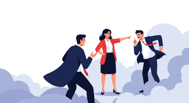 Woman leader intervenes and points to mediate a heated argument between two professional businessmen during a stressful office meeting.