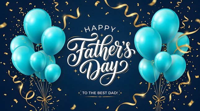 Happy father's day celebration with blue balloons and gold decorations for the best dad