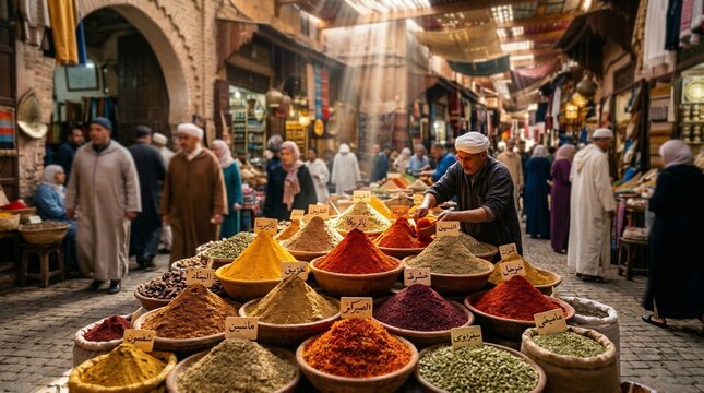Vibrant Spice Market in Marrakech Morocco with Colorful Heaps of Spices and Bustling Crowds.