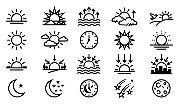 Time of day icon vector set with sun moon and night symbols isolated on white background