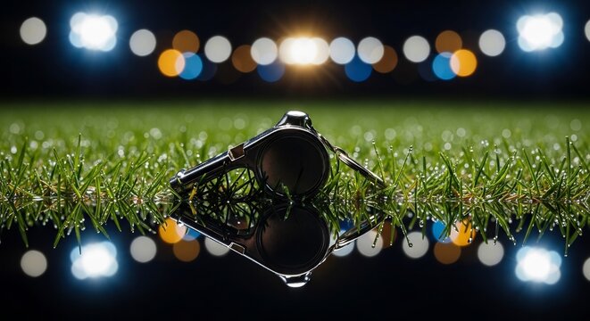 Referee Whistle on Wet Grass Field Under Stadium Lights.