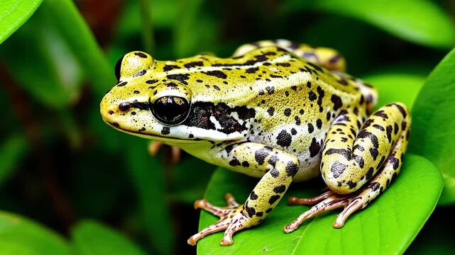 A detailed close-up of a green and yellow spotted frog resting on a leaf.