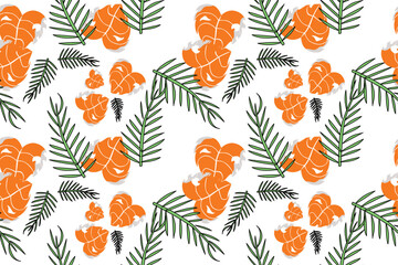 Tropical seamless pattern with palm leaves and monstera foliage, colorful botanical background for fabric, wallpaper, textile, wrapping paper and summer design. © chaiwat