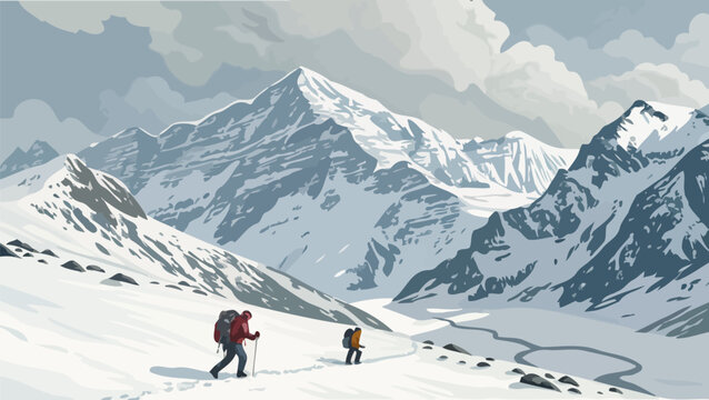 Hikers climbing snowy mountain range with clouds in the background landscape
