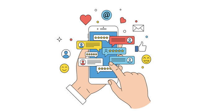 Hand holding a smartphone displaying multiple user reviews with star ratings and feedback bubbles representing online reputation.