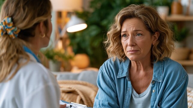 A middle-aged woman with expressive aphasia sitting across from a compassionate speech-language pathologist in a modern clinic, the patient struggling to form words