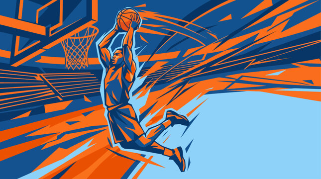 A dynamic graphic illustration of a basketball player performing a powerful slam dunk in an energetic blue and orange abstract court setting.