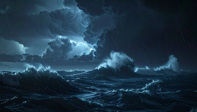 Ultra realistic stormy ocean at night with gigantic crashing black waves, intense lightning, and massive thunderclouds covering the sky. Cinematic maritime disaster atmosphere featuring hyper detailed