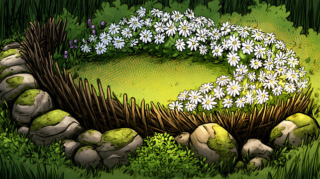 Storybook comic garden background with twig fence and cozy rural flower bed illustration