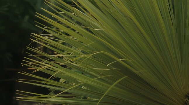 Close up of green palm fronds rustling in gentle wind. Lush foliage offers serene backdrop for nature and wellness themes. Fresh leaves detail in sunlight.