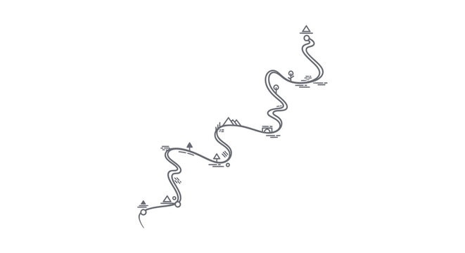 Winding Mountain Road Map Illustration with Tiny Trees, Peaks, and Village Icons