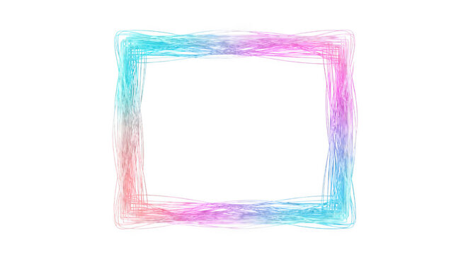 A rectangular frame made of glowing, scribbled neon lines in gradient shades of cyan, blue, purple, and pink on a solid black background