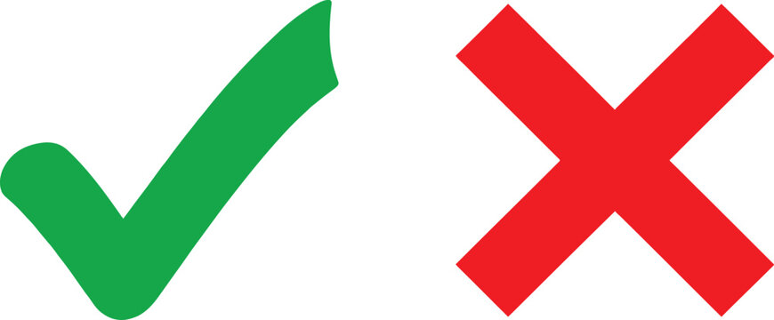 Green check mark and red cross sign icons for true or false choice and survey feedback selection Vector