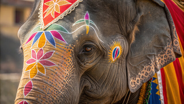 Elephant decorated colorful paint floral pattern traditional indian cultural procession celebration festival