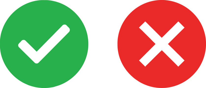 Green check mark and red cross mark icons for correct and incorrect selection or validation signs Vector