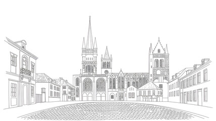 Obraz premium Historic European cityscape illustration Gothic architecture in black and white line drawing for travel brochure