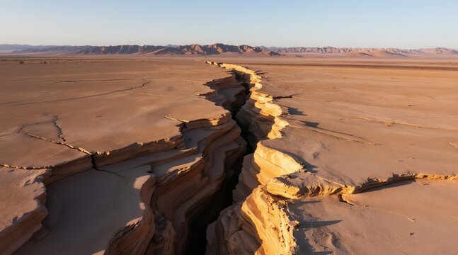 Vast arid desert landscape with deep geological fissure cracking dry earth surface. Sunlit sand dunes and distant mountains under clear sky. Natural earth science and climate change concept.