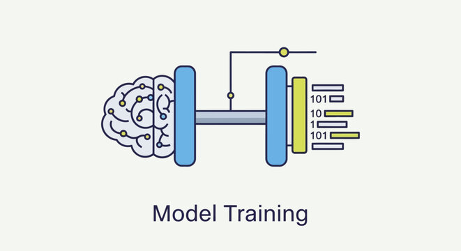 Conceptual illustration of machine learning model training process with human brain and digital data.