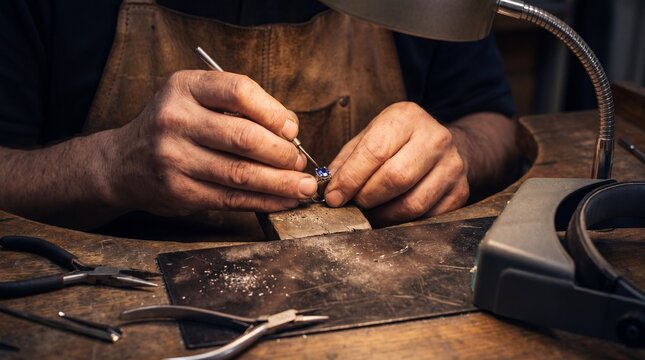 Jewelry maker crafting a ring with a blue gemstone in a workshop