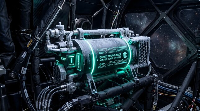 Deep Space Cryo-cooler: A sleek quantum-cooling node inside a space telescope, coated in a layer of crystalline frost, "Carbon Mint" glowing accents.
