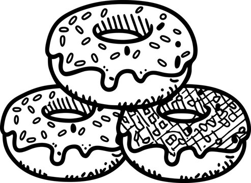 Three assorted donuts with frosting and sprinkles illustration, sweet baked dessert treats